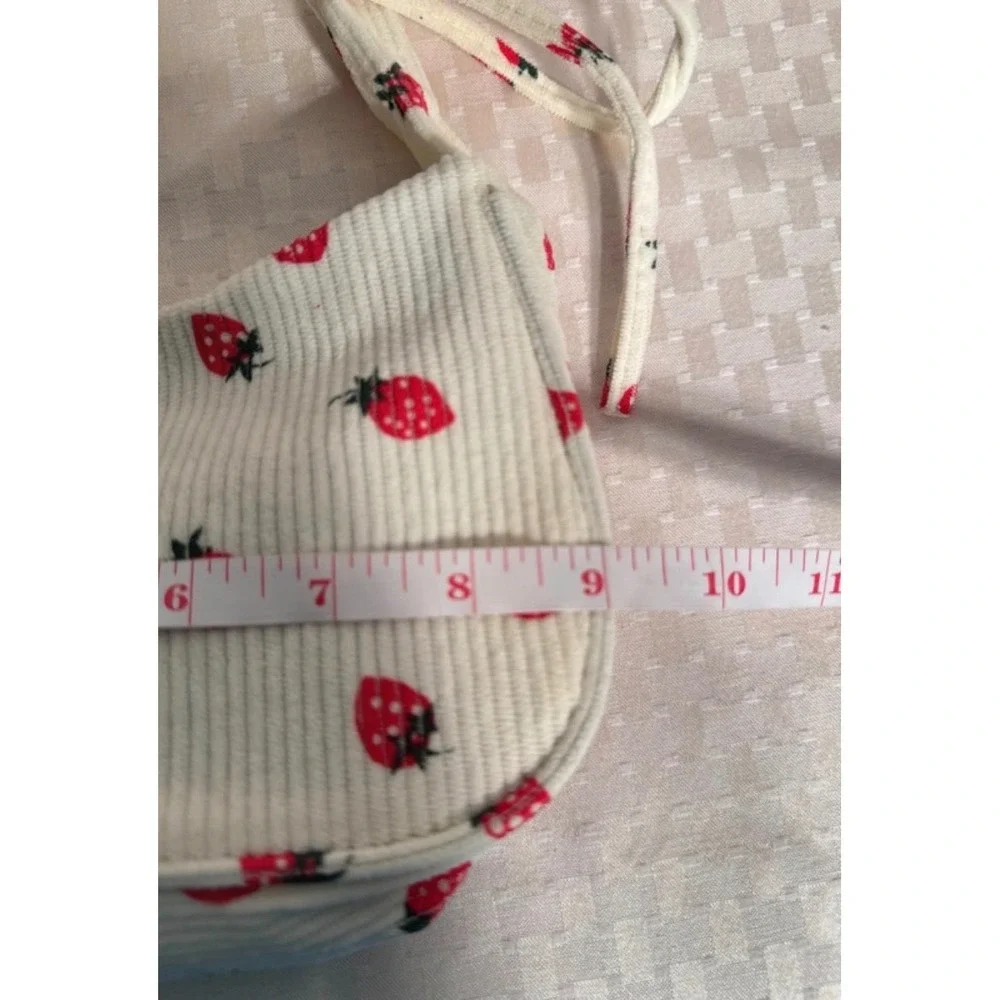 Strawberry Print Corduroy Shoulder Bag Cream Ruched Handle Bag Mini